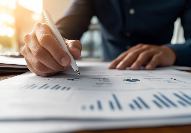 Profesional analizando gráficos de inversión y portafolios financieros